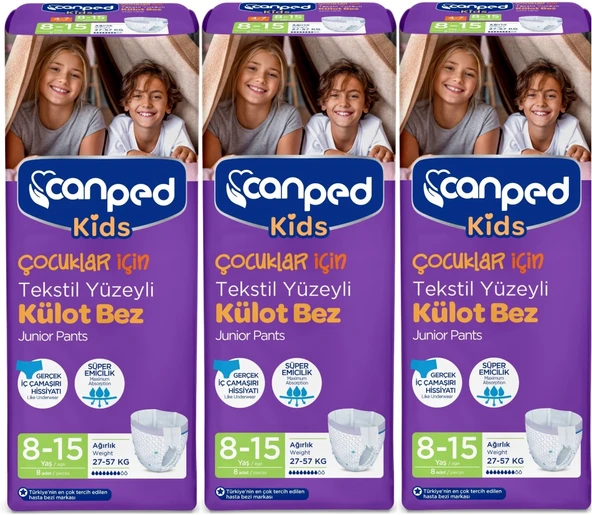 Canped Kids Çoçuklar İçin Külot Bez Tekstil Yüzeyli Yaş:8-15 (27-57Kg) 24 Adet (3Pk*8)