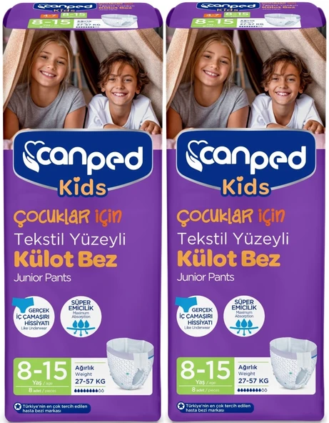 Canped Kids Çoçuklar İçin Külot Bez Tekstil Yüzeyli Yaş:8-15 (27-57Kg) 16 Adet (2Pk*8)