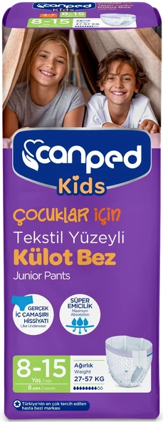 Canped Kids Çoçuklar İçin Külot Bez Tekstil Yüzeyli Yaş:8-15 (27-57KG) (İç Adet 8 Adet) Tekli Pk