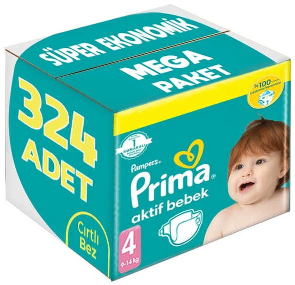Prima Bebek Bezi Beden:4 (9-14Kg) Maxi 324 Adet Süper Ekonomik Mega Pk - 1