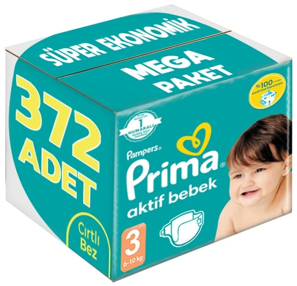 Prima Bebek Bezi Beden:3 (6-10Kg) Midi 372 Adet Süper Ekonomik Mega Pk