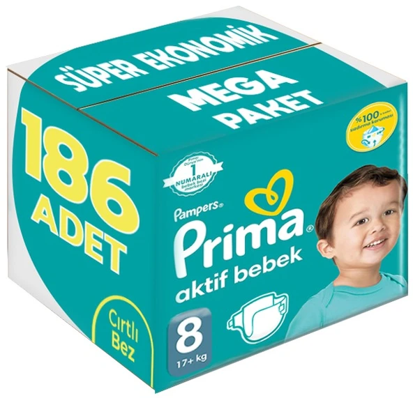 Prima Bebek Bezi Beden:8 (17+Kg) XXX Large 186 Adet Süper Ekonomik Mega Pk