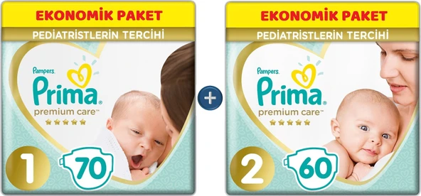 Prima Premium Care Bebek Bezi Beden:1 + Beden:2 130 Adet Yeni Doğan Seti Ekonomik Pk