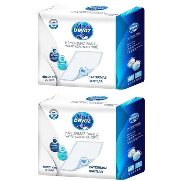 Mavi Beyaz Hasta Alt Açma Yatak Koruyucu Örtü 60*90CM 60 Adet (2Pk*30) Kaydırmaz Bantlı - Resim 2