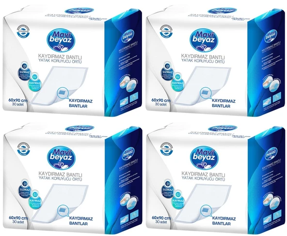 Mavi Beyaz Hasta Alt Açma Yatak Koruyucu Örtü 60*90CM 120 Adet (4Pk*30) Kaydırmaz Bantlı