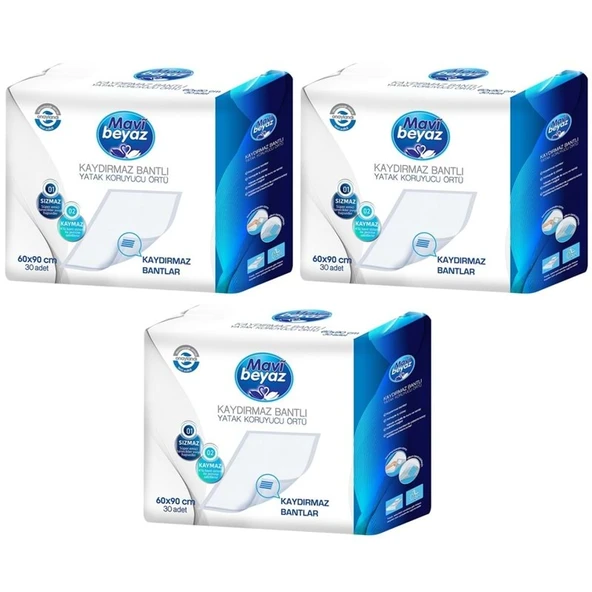 Mavi Beyaz Hasta Alt Açma Yatak Koruyucu Örtü 60*90CM 90 Adet (3Pk*30) Kaydırmaz Bantlı ürün görseli 1