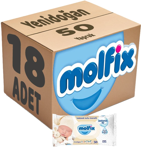 Molfix Islak Havlu Mendil İzotonik Yeni Doğan 18 Li Set 50 Yaprak Pamuklu Plastik Kapaklı - 1