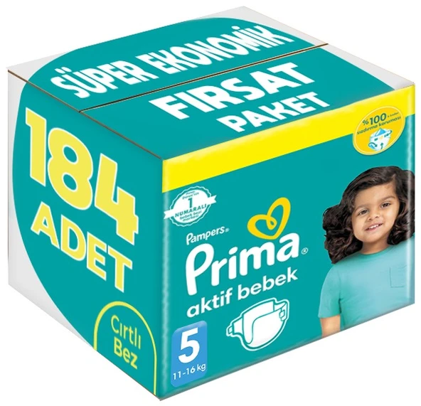 Prima Bebek Bezi Beden:5 (11-16Kg) Junior 184 Adet Süper Ekonomik Fırsat Pk ürün görseli