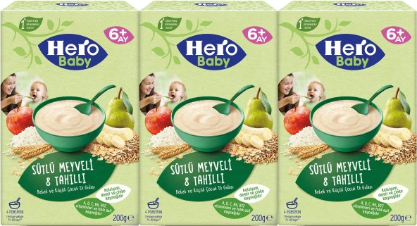 Hero Baby Kaşık Maması 200GR Sütlü Meyveli 8 Tahıllı 3 Lü Set
