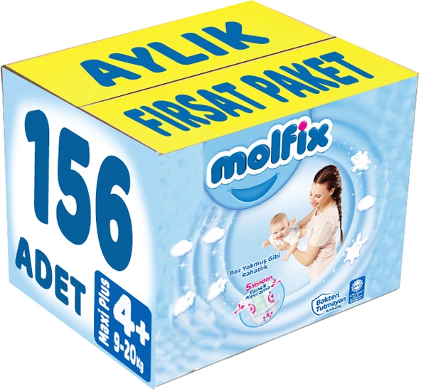 Molfix Bebek Bezi Beden:4+ (9-20Kg) Maxi Plus 156 Adet Aylık Fırsat Pk ürün görseli