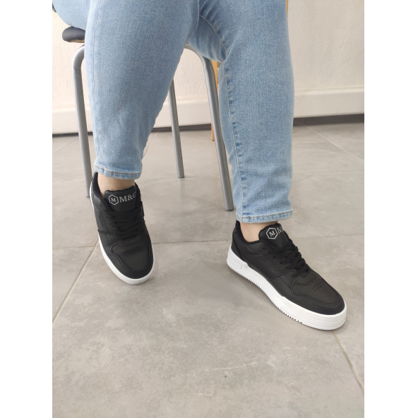 Unisex Ayakkabı Siyah Beyaz Taban Spor Ayakkabı Sneaker Mg03