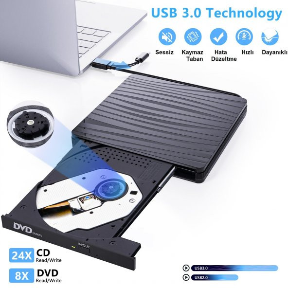 UpWay  Dvd Rw Usb 3.0 Type-C Slim Harici Cd Dvd Yazıcı Okuyucu MacBook iMac Windows11 - 3