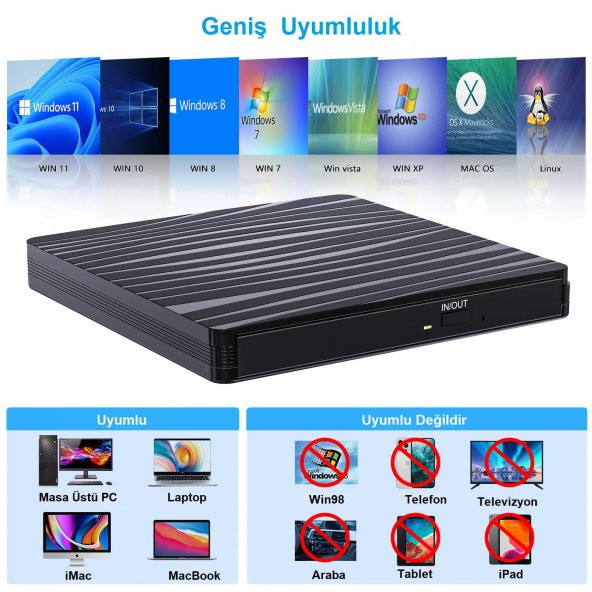 UpWay  Dvd Rw Usb 3.0 Type-C Slim Harici Cd Dvd Yazıcı Okuyucu MacBook iMac Windows11 - 4