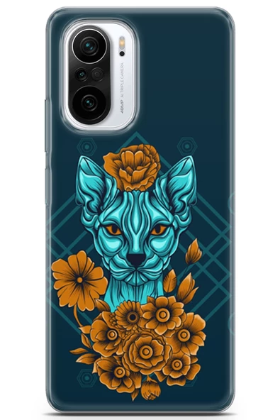 Xiaomi Redmi K40 Pro Uyumlu Kılıf Sfenks 13 Yeşil Kedi Case Kapak Mavi