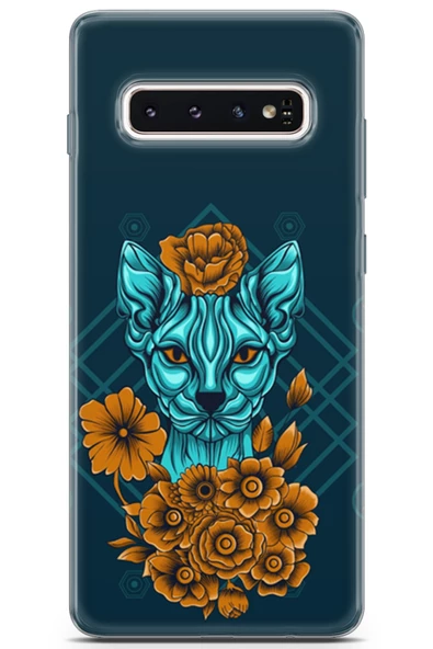 Samsung Galaxy S10 Uyumlu Kılıf Sfenks 13 Yeşil Kedi Case Kapak Mavi