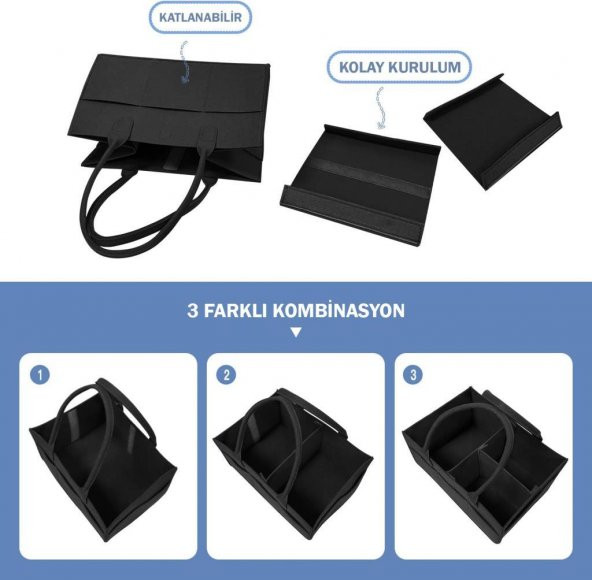 Katlanabilir Taşınabilir Keçe Organizer Çanta Siyah Renk - 5