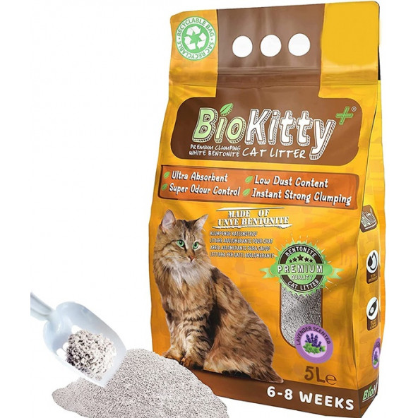 BioKitty Kedi Kumu 5 lt Lavantalı İnce Taneli Bentonit Topaklanan 1 Adet