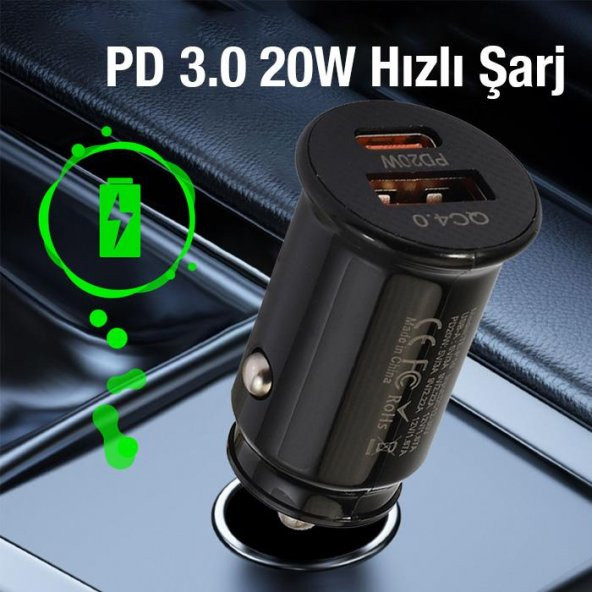 Polham 20W Ultra Hızlı 1x USB ve 1x Type C Girişli Araç Şarj Başlığı, 12/24V Tüm Girişlere Uyumlu, Isı ve Akım Korumalı Şarj Başlığı - 2