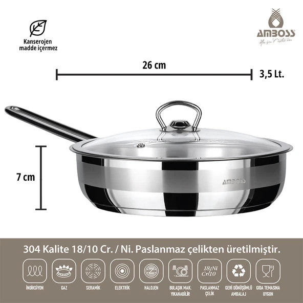 Saphire Paslanmaz Çelik Cam Kapaklı Tava 26X07 cm - 2