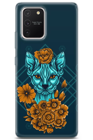 Samsung Galaxy A91 Uyumlu Kılıf Sfenks 13 Yeşil Kedi Case Kapak Mavi