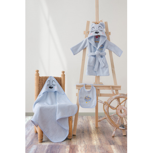 Cottonbox Baby Bornoz Seti Bornoz + Kundak + Önlük Mavi Bear