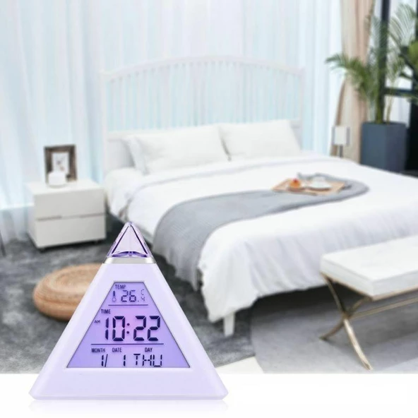 UpWay 7 Renkli Piramit Şekilli Dijital Led Çalar Saat Alarm Termometre Masa Saati - 3