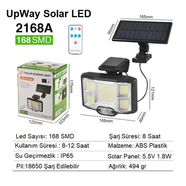UpWay Solar 168 LED Güneş Enerjili Kumandalı Kablolu 3 Modlu Duvar Lambası - 6