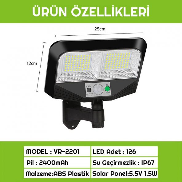 UpWay 126 LED Solar Bahçe Lambası Güneş Enerjili 3 Modlu Dış Mekan Aydınlatma - 4