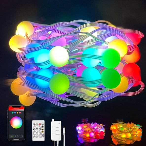 UpWay Bluetooth 10 Metre RGB Renk Değiştiren Akıllı Küre Dizili Işıklar USB 66 LED Kumandalı - 6