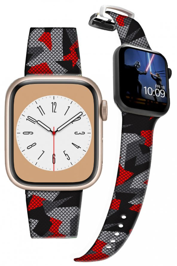 Apple Watch Kayış 2 3 4 5 6 7 8 Se 42 44 45 49mm Kırmızı Kamuflaj Desenli Kordon Bileklik Silikon