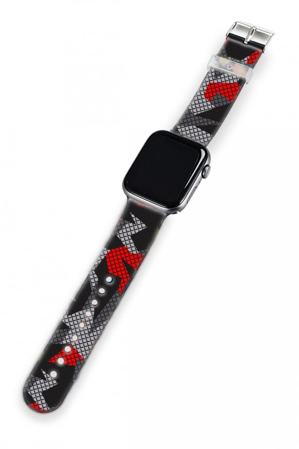 Apple Watch Kayış 2 3 4 5 6 7 8 Se 42 44 45 49mm Kırmızı Kamuflaj Desenli Kordon Bileklik Silikon - 2