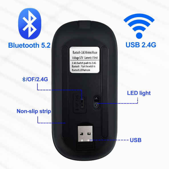 Bluetooth/Kablosuz LED ışıklı  Şarj Edilebilir Mouse PC Gaming Kablosuz Macbook iPad laptop Telefon - 5
