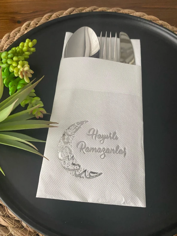 Gümüş Yaldızlı Hayırlı Ramazanlar Ay Desenli 12 li Beyaz Renkli Kağıt Cepli Peçete ürün görseli 1