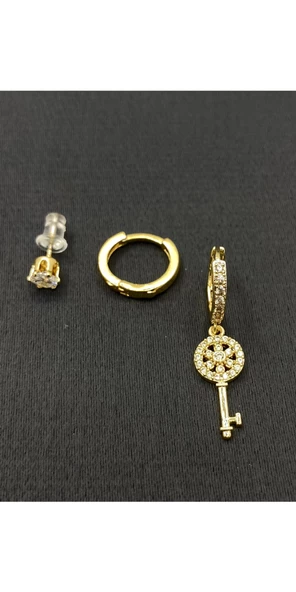 Gold Renk Üçlü Anahtar Figürlü Zirkon Küpe Seti