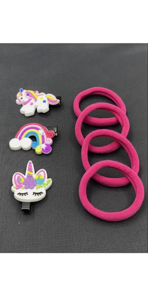 Pembe Havlu Tokalı Unicorn Maşalı Çocuk Saç Tokası Seti - 1