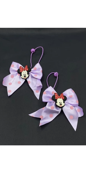 Minnie Mouse'lu Mor Kurdelalı Lastikli Çocuk Saç Tokası