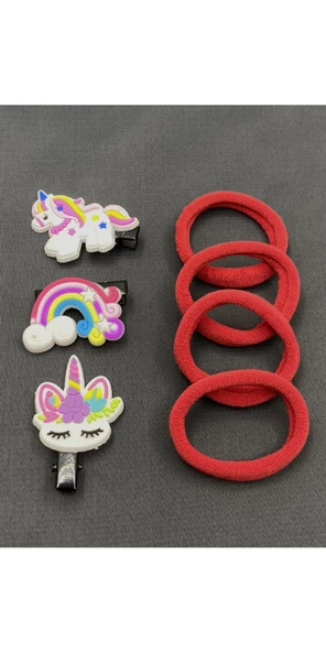 Kırmızı Havlu Tokalı Unicorn Maşalı Çocuk Saç Tokası Seti