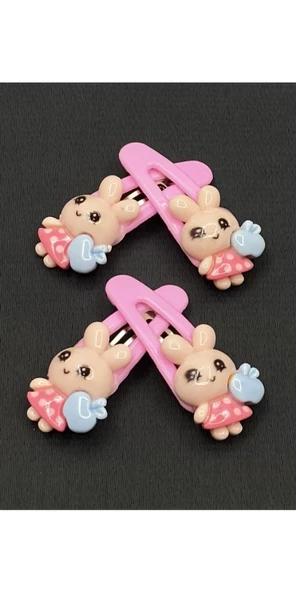 Pembe Renk Dörtlü Tavşan Çıt Çıt Çocuk Tokası 4cm