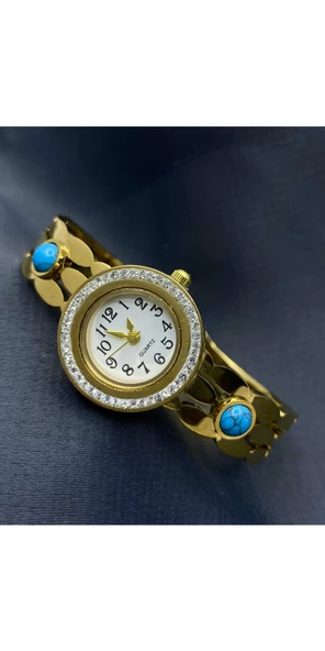 Gold Renk Çelik Taşlı Saat Kadın Cartier Kelepçe Bileklik