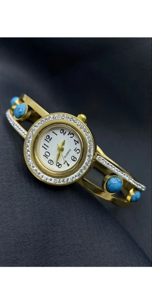 Gold Renk Çelik Taşlı Saat Kadın Cartier Kelepçe Bileklik - 1