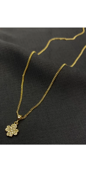 Gold Renk Yonca Yapraklı Zirkon Kolye