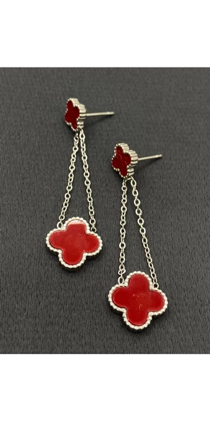 Gümüş KIrmızı Renk Van Cleef  Sallantılı Çelik Küpe