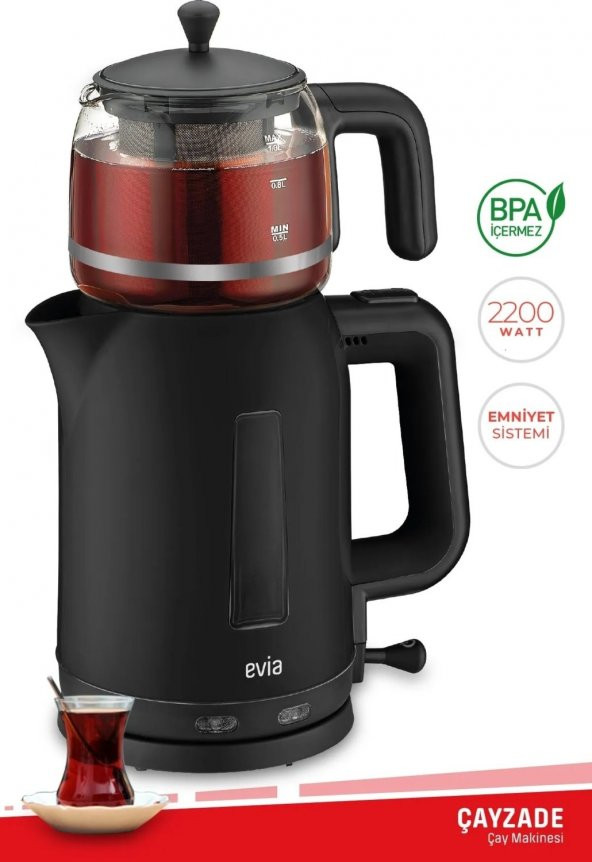 Evia Çayzade Siyah 2200 Watt Cam Demlikli Bpa Içermeyen Çay Makinesi ve Su Isıtıcısı EA-4308S