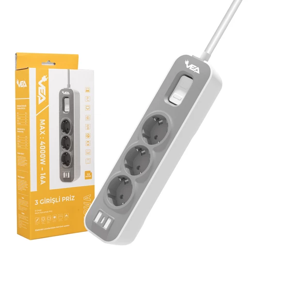 Vea Ve-nova103 A Class 3 Lü Anahtarlı 1.5 Metre Grup Priz Akım Korumalı Priz 2 Usb 4000 Watt 16 Amper Isıya Dayanıklı - 4