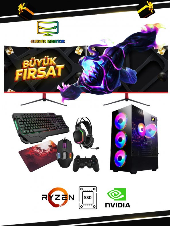 RAMTECH HAWK EKSTRA R5 5500 32G RAM 960G SSD RTX3060 12G 23.6 CURVED DUAL MONİTÖR OYUNCU PC