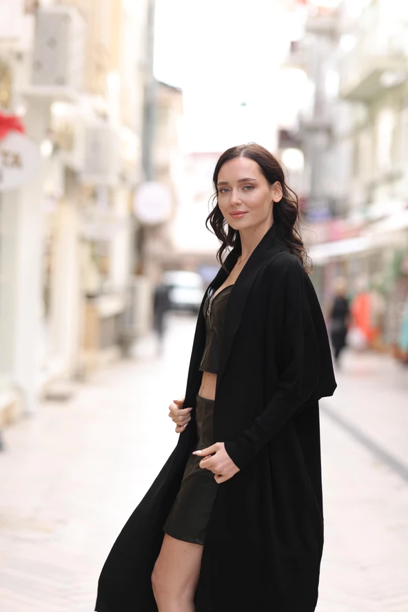 KADIN ŞAL YAKA OVERSİZE KALIP SİYAH HIRKA - 6078-3 - Resim 6