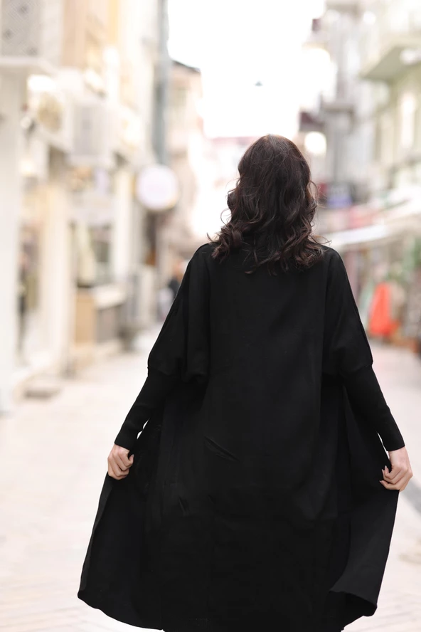 KADIN ŞAL YAKA OVERSİZE KALIP SİYAH HIRKA - 6078-3 - Resim 8