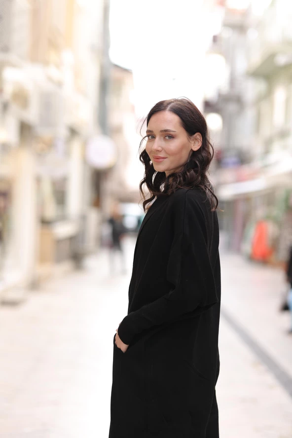 KADIN ŞAL YAKA OVERSİZE KALIP SİYAH HIRKA - 6078-3 - Resim 7