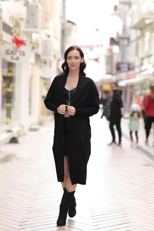 KADIN ŞAL YAKA OVERSİZE KALIP SİYAH HIRKA - 6078-3 - Resim 2