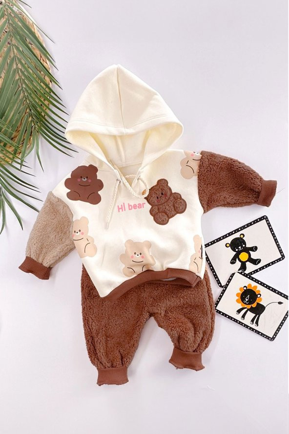 Miniğimin Cicileri Hi Bear Detaylı Kapüşonlu Welsoft Kışlık 2li Bebek Takım - Kahverengi
